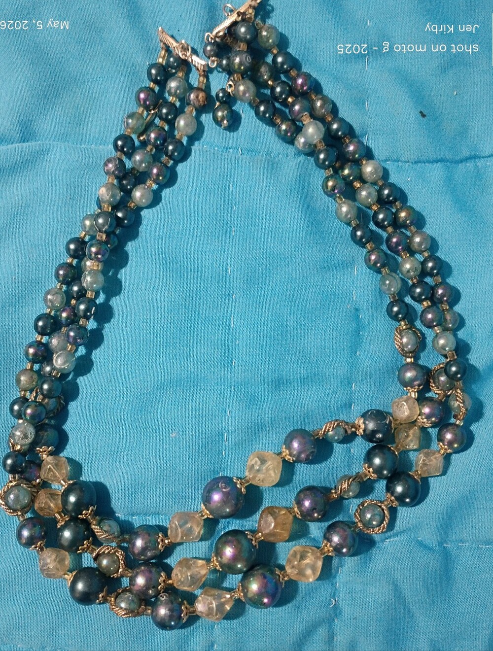 Vintage 1960s Glass Blue And Green Three Strand Beaded Necklace Made I Japan